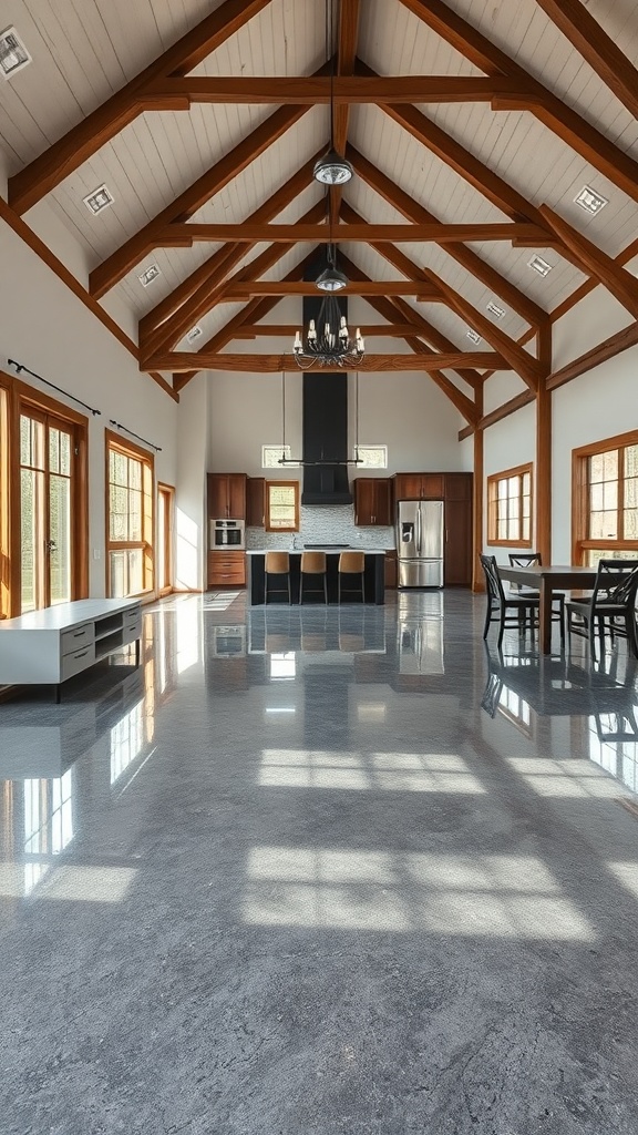 Interior of a modern barndominium featuring a reflective epoxy floor and timber beams.