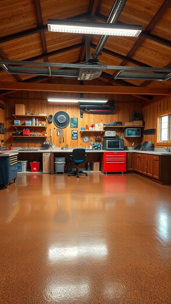 A rustic garage with wooden walls and an epoxy floor, showcasing a workspace with tools and cabinets.