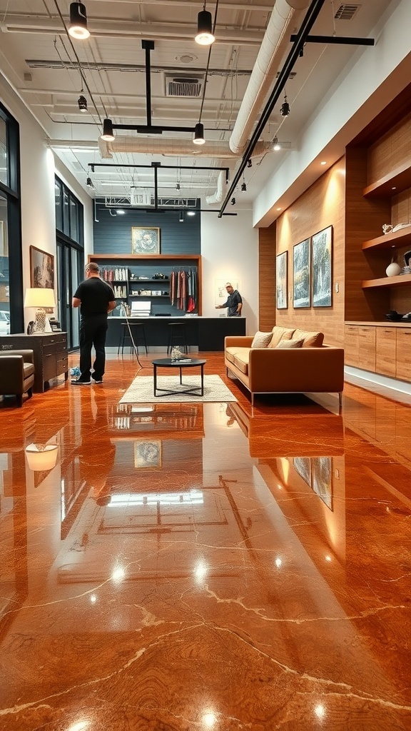 Interior space featuring a shiny brown metallic epoxy floor with modern furniture and artwork.