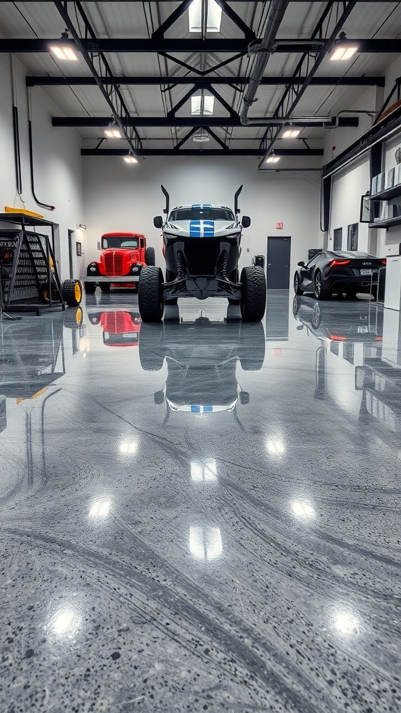 A modern garage with a glossy epoxy floor, showcasing various vehicles.