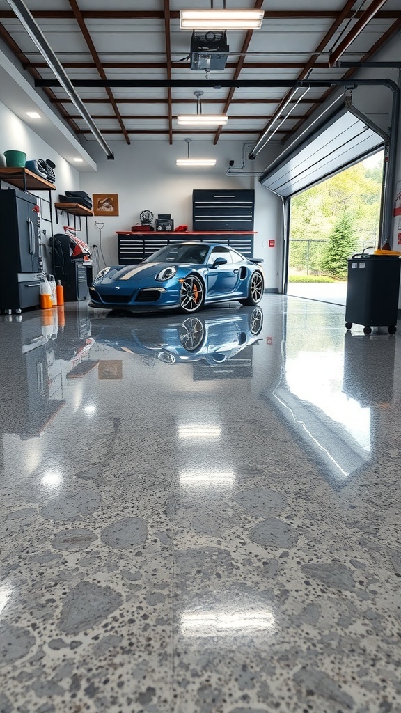 A sleek garage with a blue sports car on a shiny epoxy floor, showcasing the durability and aesthetic appeal of epoxy flooring.