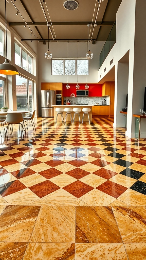 A modern kitchen featuring a retro checkerboard epoxy floor with rich colors and a glossy finish.