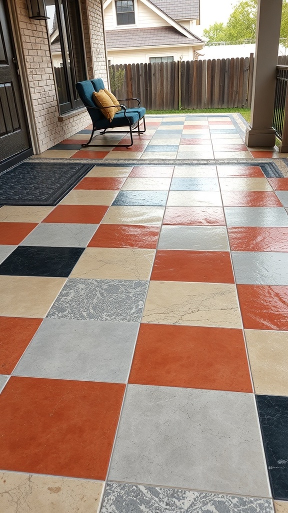 A retro checkerboard stamped concrete patio with vibrant colors and patterns.