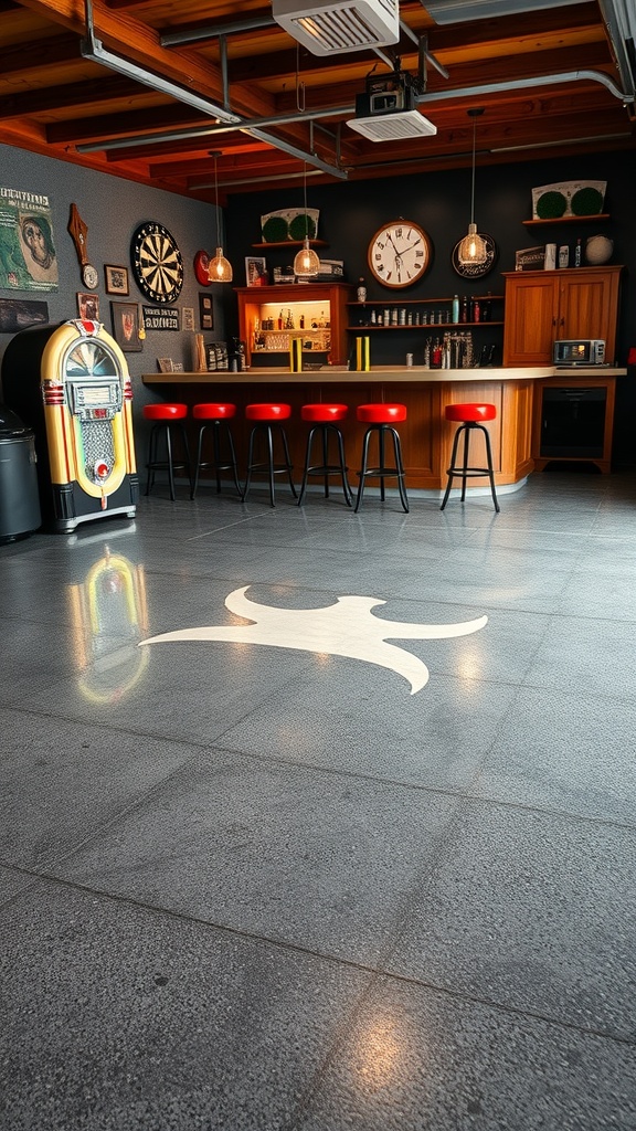 A stylish garage bar with polished epoxy flooring and retro elements.