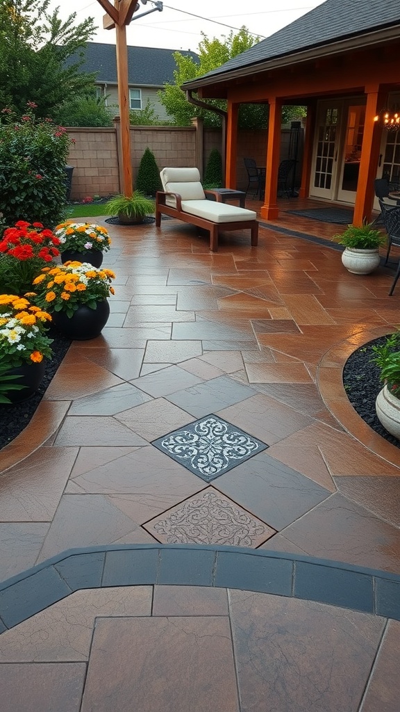 A beautifully designed patio featuring rich brown stamped concrete with intricate patterns and vibrant flowers.