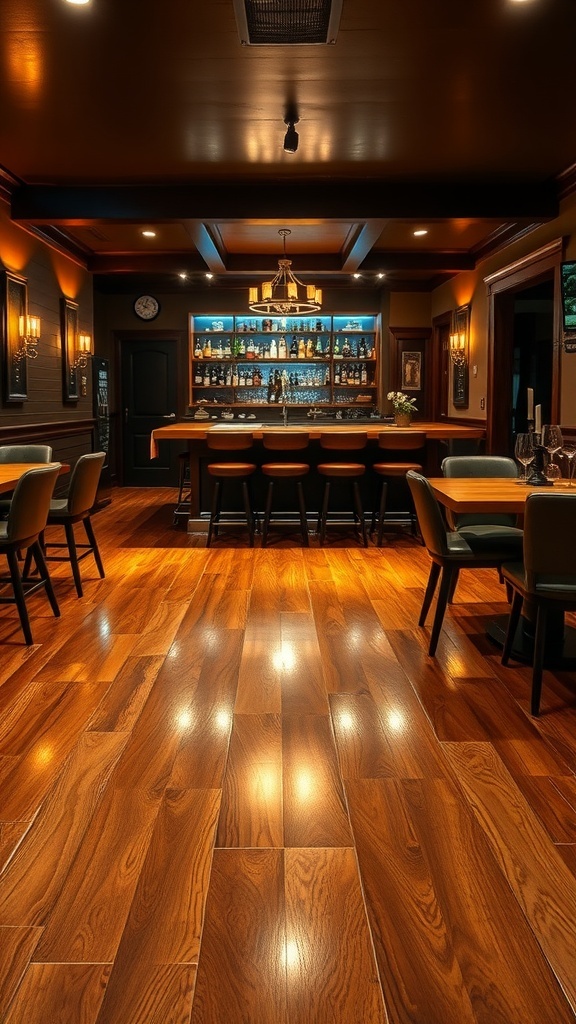 A cozy home bar with polished resin flooring that resembles rustic barn wood.