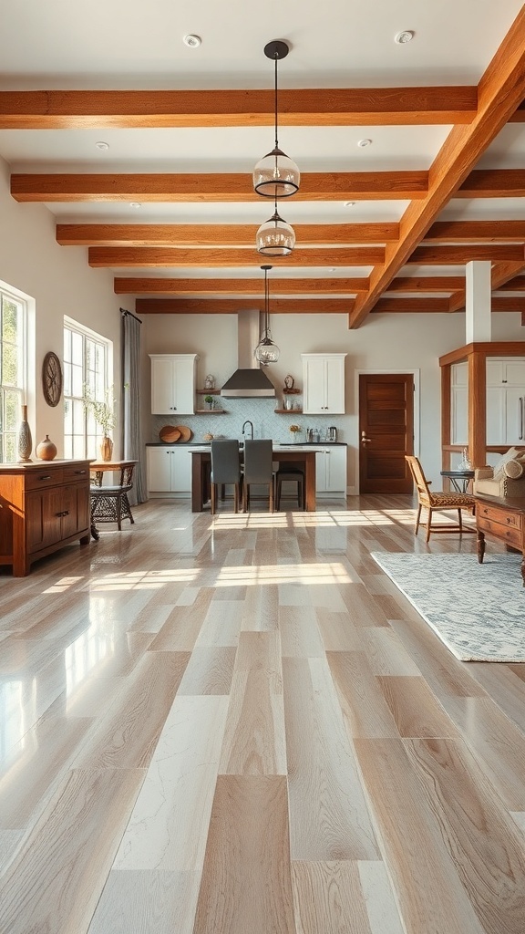 Rustic barn wood epoxy floor in a modern kitchen with wooden beams and natural light