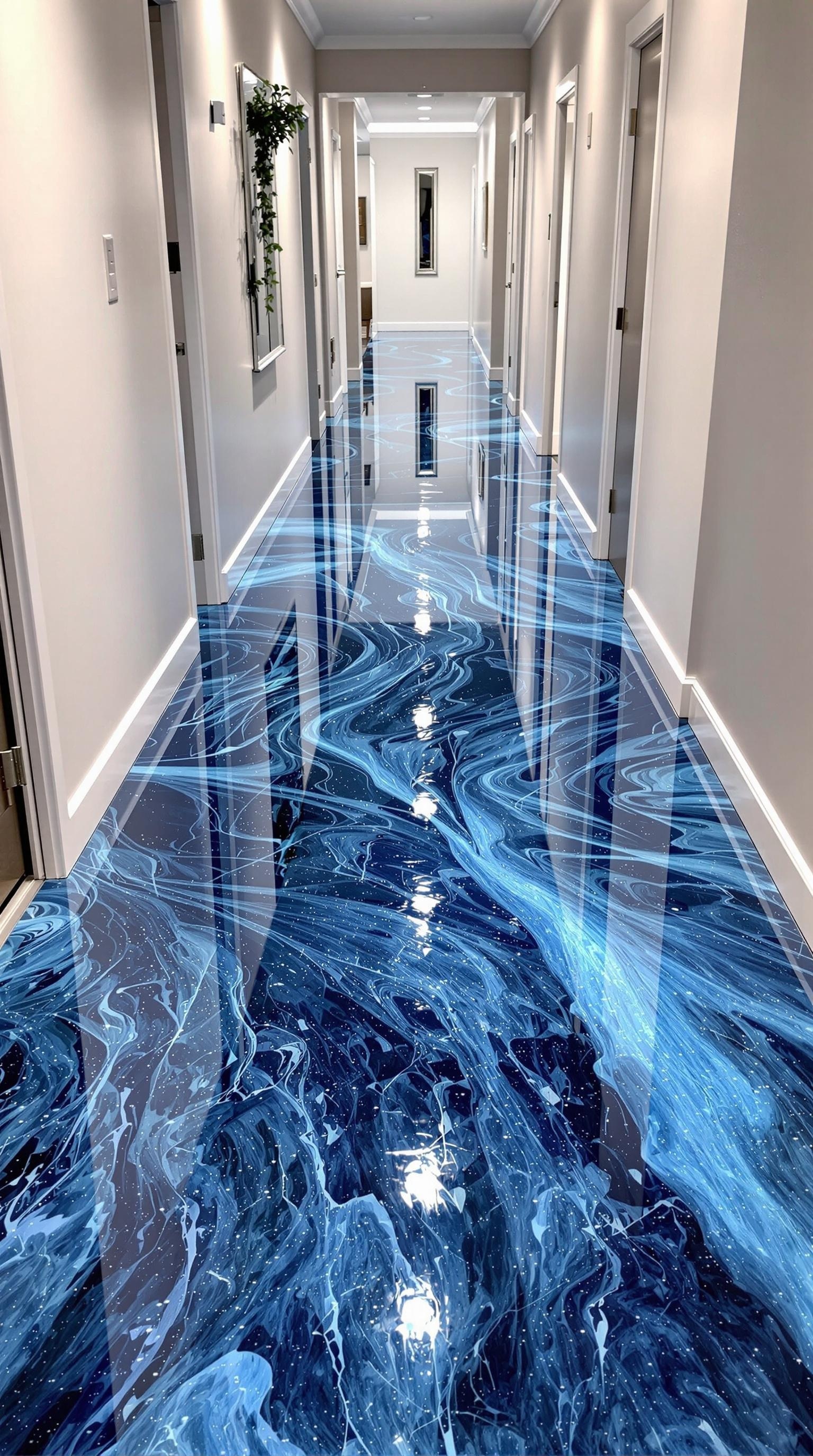 A hallway featuring glossy blue epoxy flooring with swirling patterns.