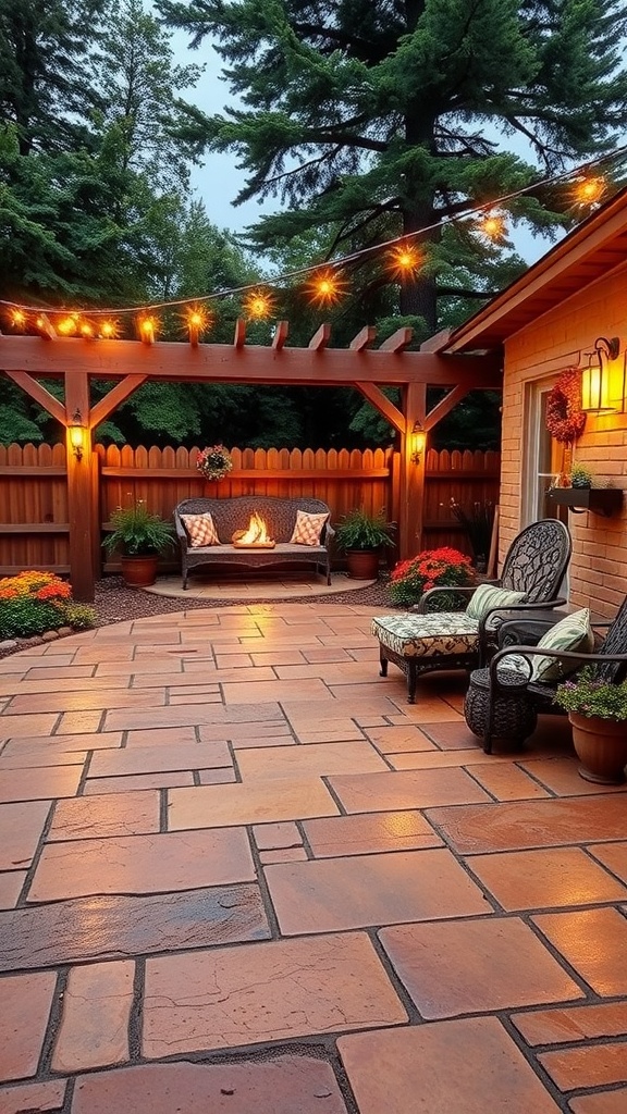 A beautifully designed patio featuring brown stamped concrete with dark gray accents, showcasing a warm and inviting outdoor space.
