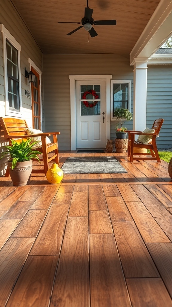 A rustic porch featuring wood-stamped concrete flooring, showcasing a cozy and inviting atmosphere.