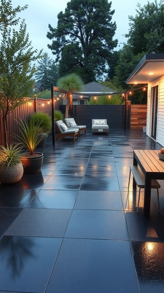A modern outdoor patio with a black epoxy floor, surrounded by greenery and soft lighting.
