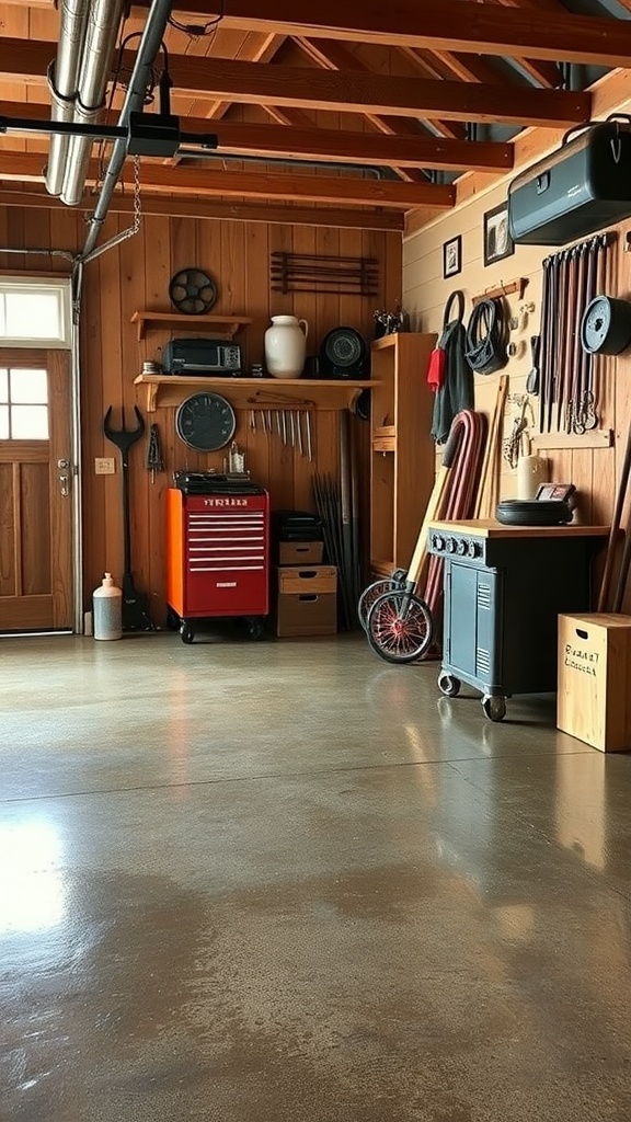 A rustic garage with wooden walls and a shiny epoxy floor, showcasing a well-organized workspace.