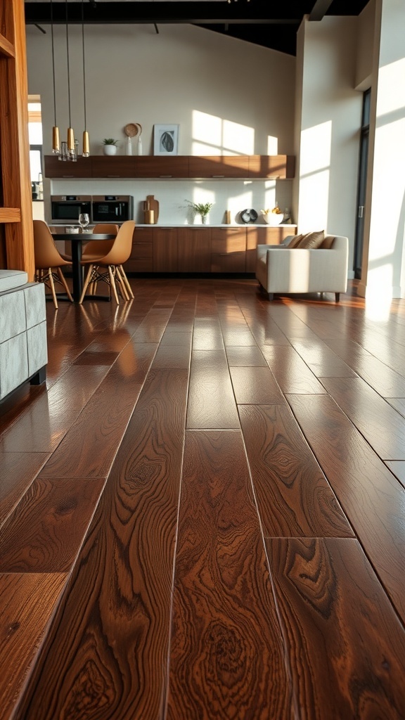 A modern living room featuring a wood-like epoxy floor with warm tones and natural textures.