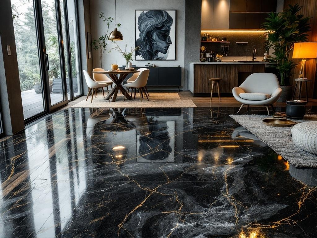 A modern interior featuring a glossy black epoxy floor with golden veining, complemented by stylish furniture and large windows.