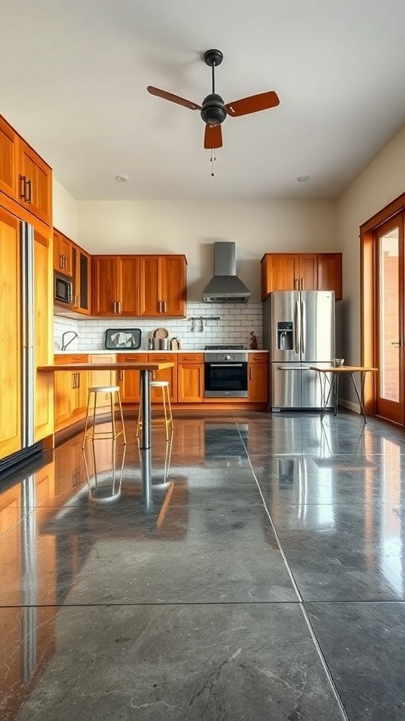 A modern kitchen with rustic wooden cabinets and glossy epoxy flooring.