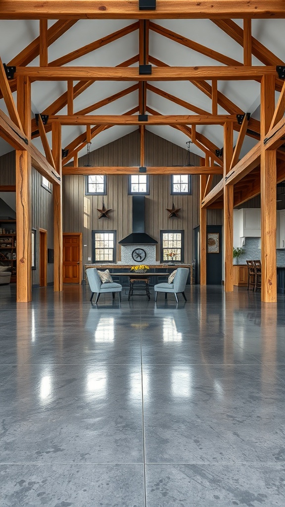 Interior of a barndominium featuring wooden beams and polished epoxy flooring.