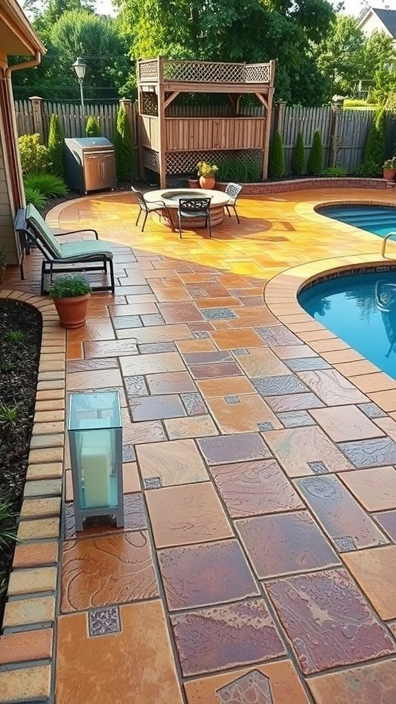 A rustic stamped concrete patio with a natural stone finish surrounding a pool, featuring warm tones and intricate patterns.