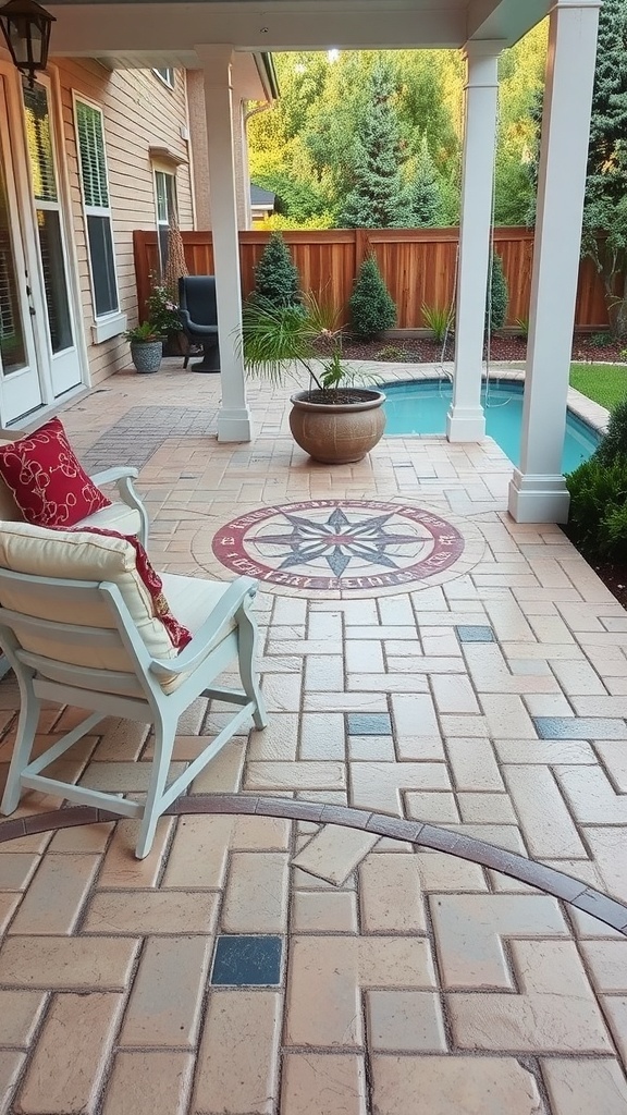 A rustic stamped concrete patio with natural stone patterns, featuring a comfortable chair and potted plants.