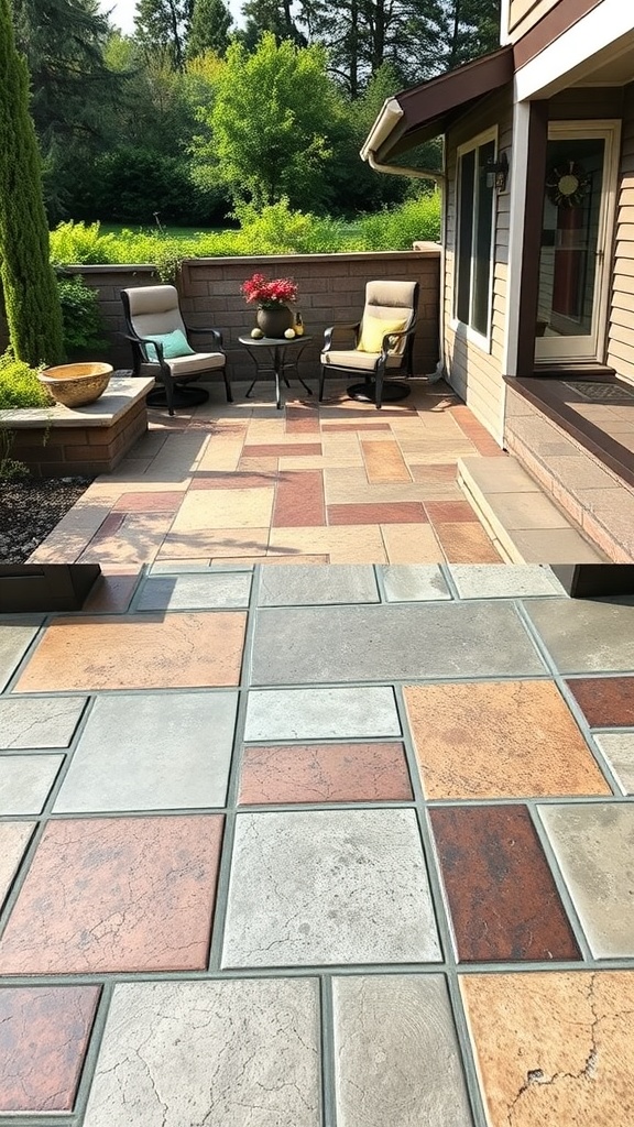 A rustic stone-look stamped concrete patio with earthy tones and textures, featuring seating and greenery.