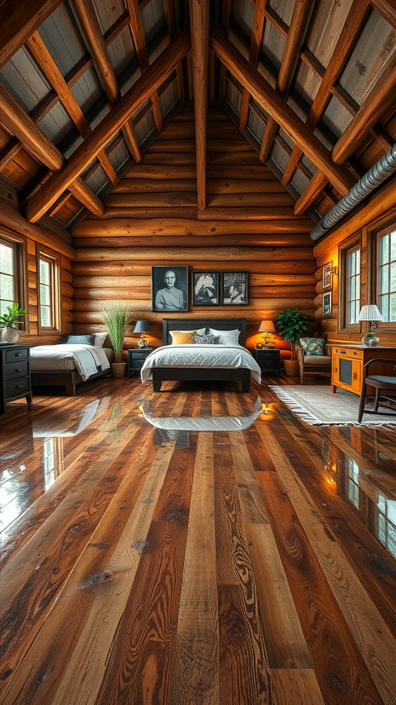A cozy bedroom featuring rustic wood-look epoxy flooring with a warm and inviting atmosphere.