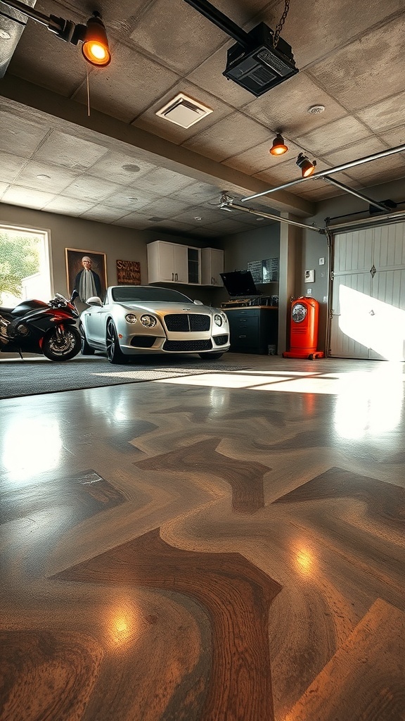 A stylish garage featuring a rustic wood-look epoxy floor, showcasing a luxurious car and modern design elements.