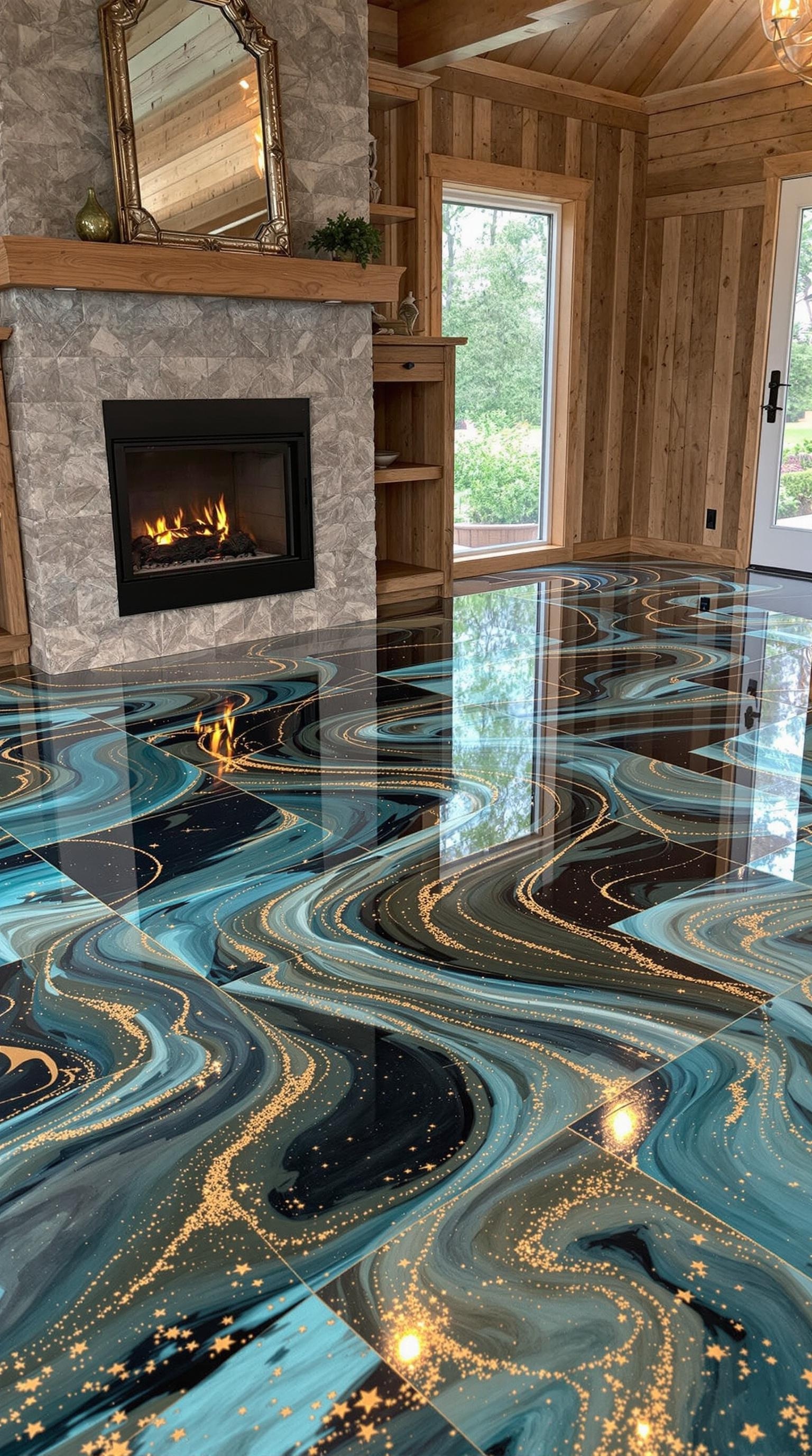 A beautifully designed epoxy floor with blue and black swirls and golden sparkles, set in a rustic wooden room.