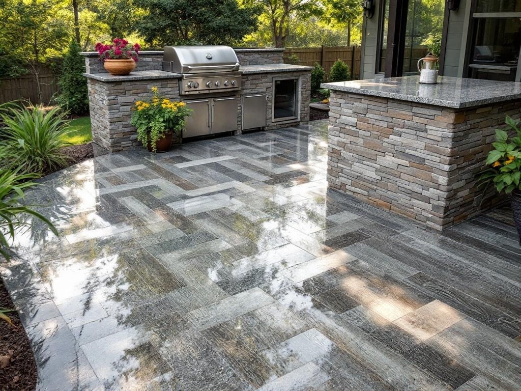 Rustic wood-look epoxy floor in an outdoor barbecue station
