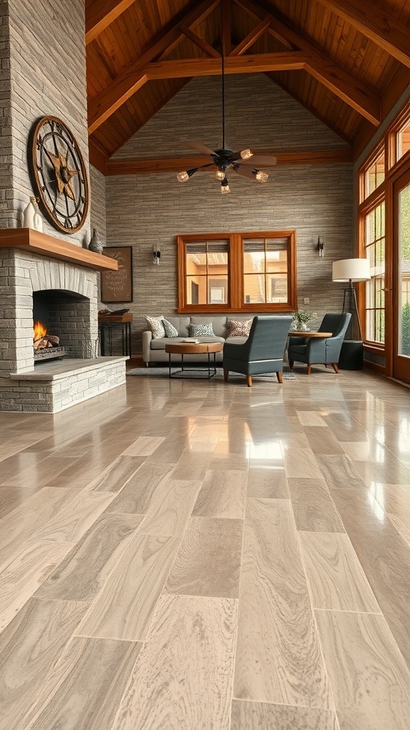 A cozy living room with rustic wood-look epoxy floors, featuring a stone fireplace and large windows.