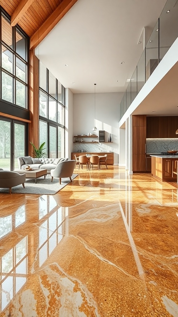 A spacious modern living area featuring rustic wood-look epoxy flooring with large windows and natural light.