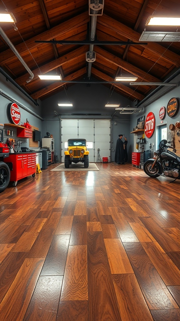 A spacious garage workshop with rustic wood-look epoxy flooring, featuring a yellow Jeep, motorcycle, and organized tool storage.