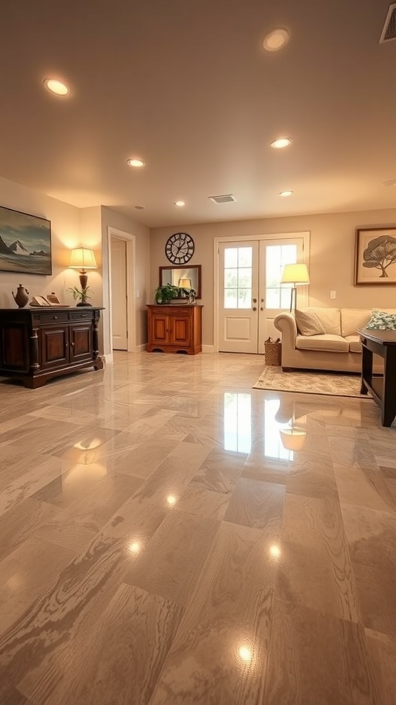 A living room with rustic wood look epoxy flooring, featuring a cozy atmosphere with furniture and natural light.