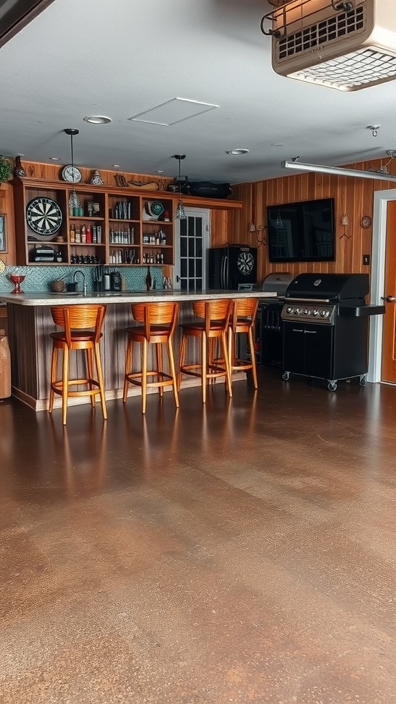 Interior of a rustic garage bar with epoxy flooring and wooden bar counter