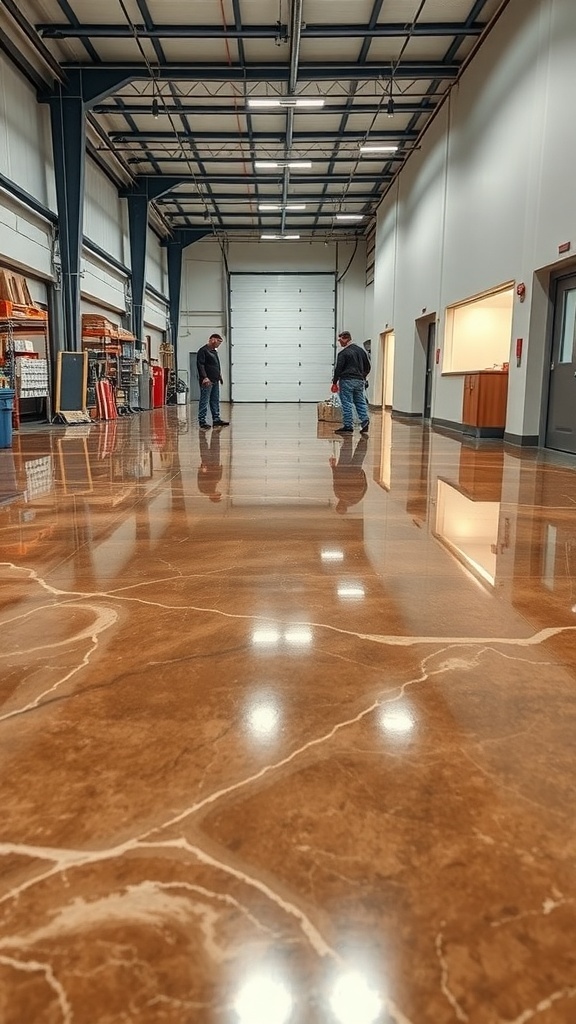 A spacious industrial area with a shiny brown metallic epoxy floor, showcasing its reflective surface and safety features.