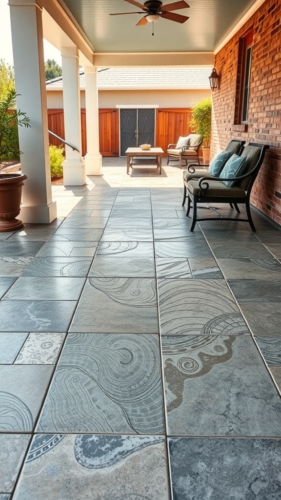 A stylish concrete porch with stamped epoxy flooring featuring unique patterns and a cozy seating area.