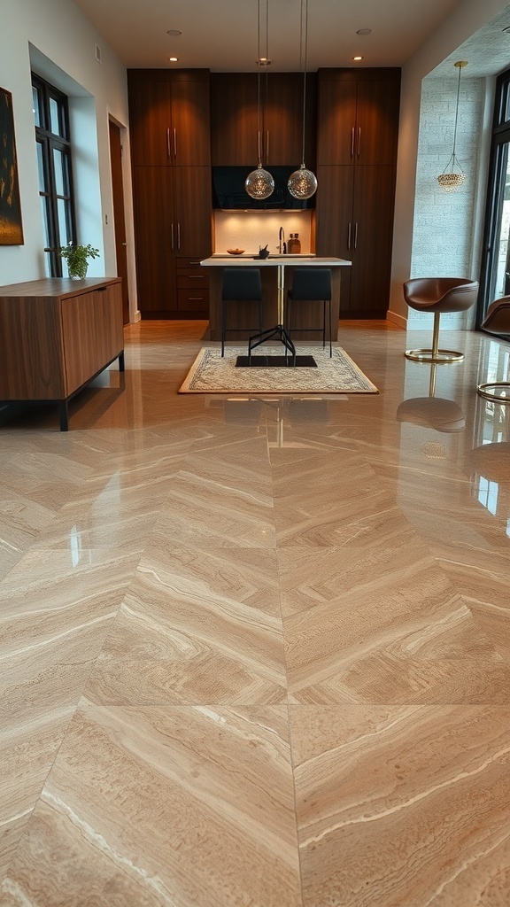 Polished resin floor in a modern kitchen with wooden cabinets
