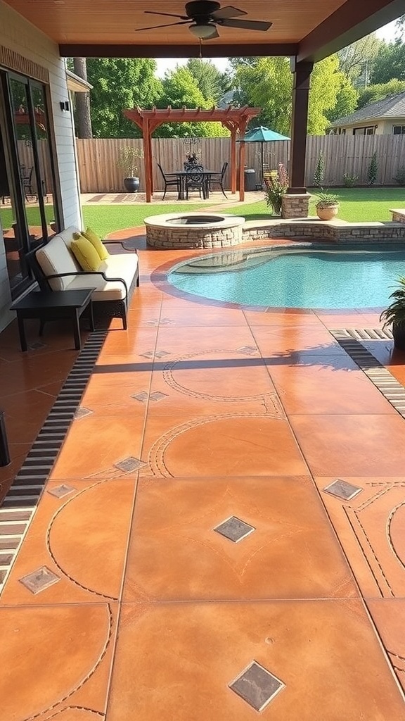A beautifully designed patio featuring epoxy flooring and a stamped concrete design, with a pool and outdoor seating.