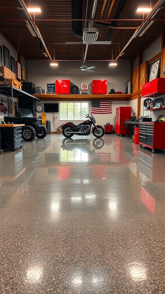A spacious garage workshop featuring a high-gloss epoxy floor, red cabinets, and a motorcycle, showcasing a clean and organized layout.