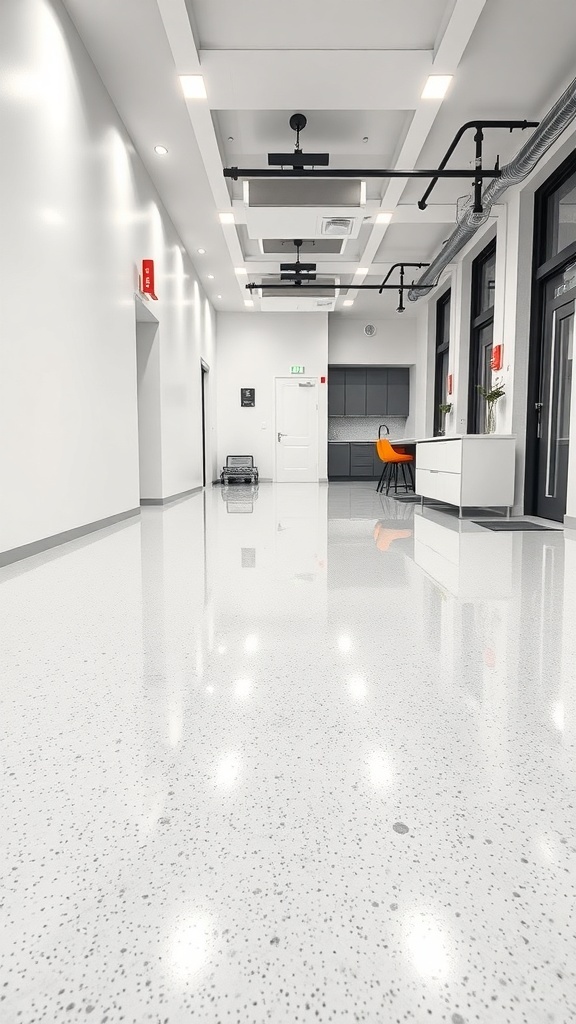 A modern hallway with a polished seamless epoxy floor, featuring bright lighting and minimalistic design.