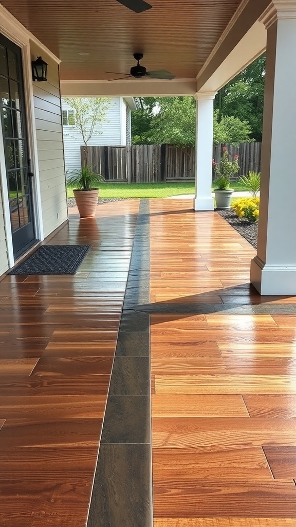 A beautiful patio with wood-stamped epoxy flooring, showcasing a seamless transition from indoor to outdoor space.