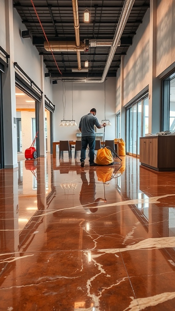 A professional applying brown metallic epoxy flooring in a modern space.