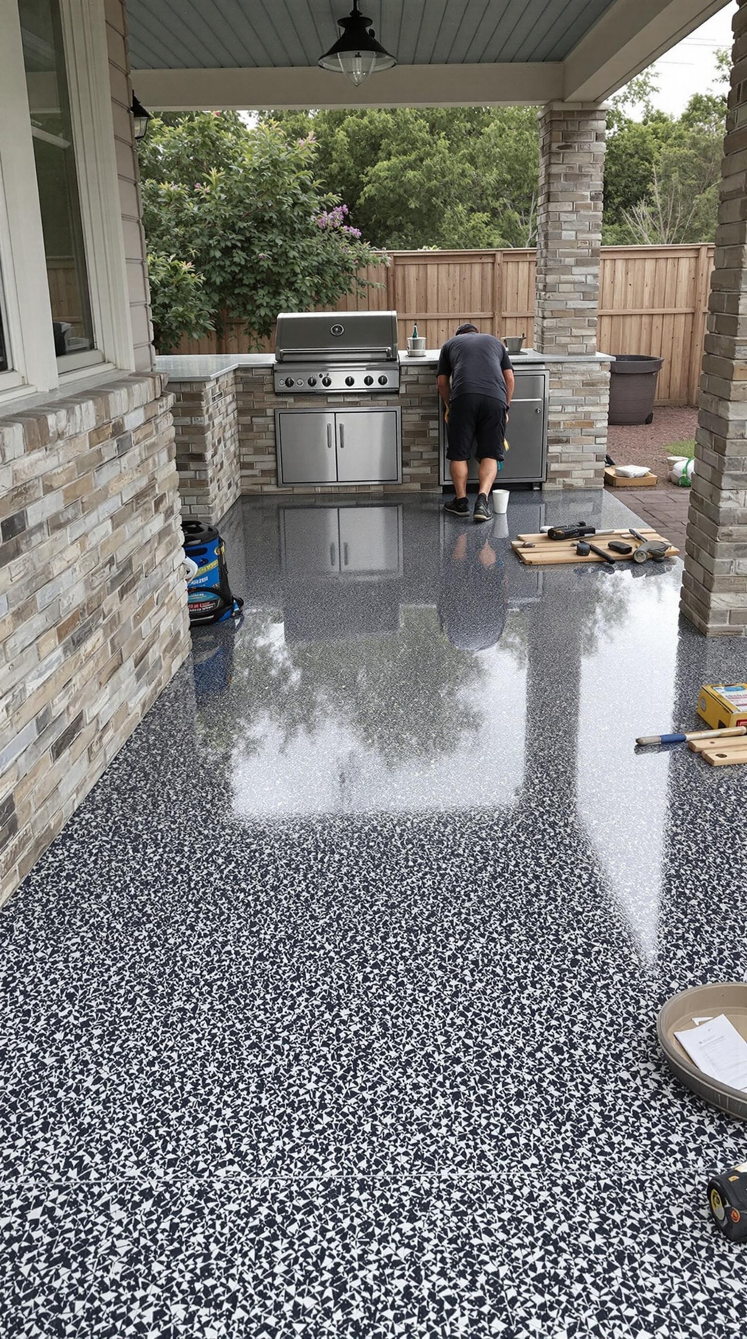 A professional installing a sleek epoxy floor in an outdoor kitchen area.