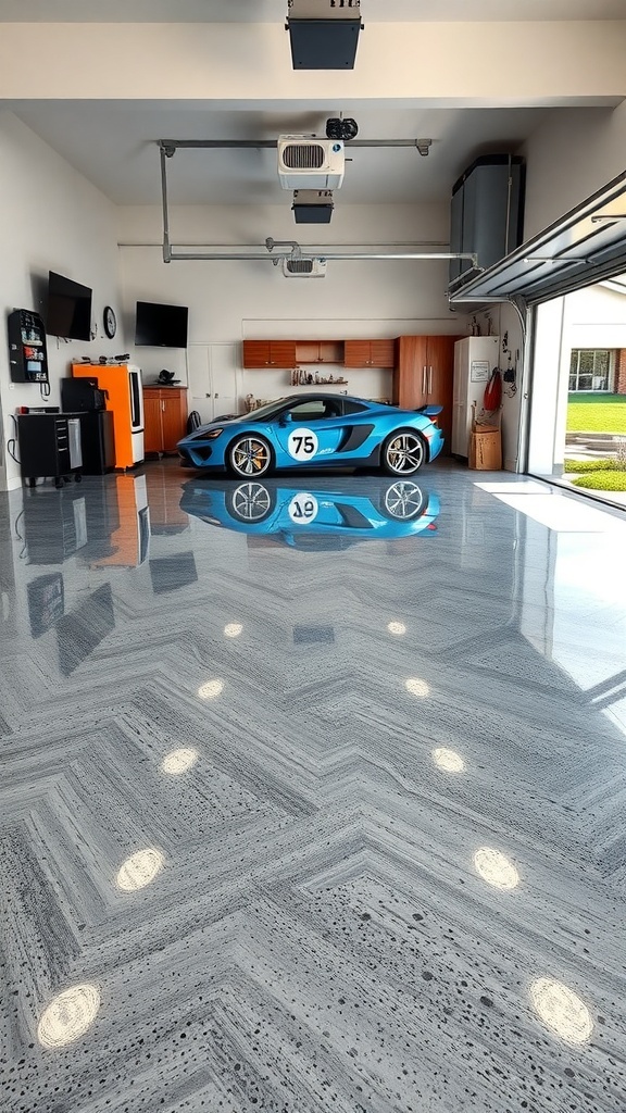 A modern garage with a blue sports car on a glossy epoxy floor, showcasing a seamless and stylish design.