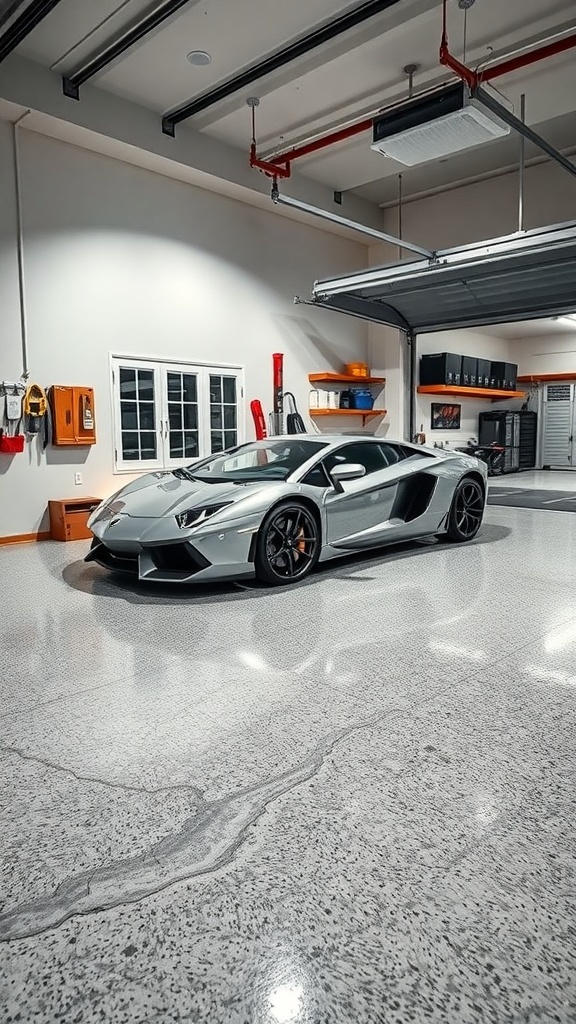 A modern garage with a sleek epoxy floor and a luxury car parked inside.