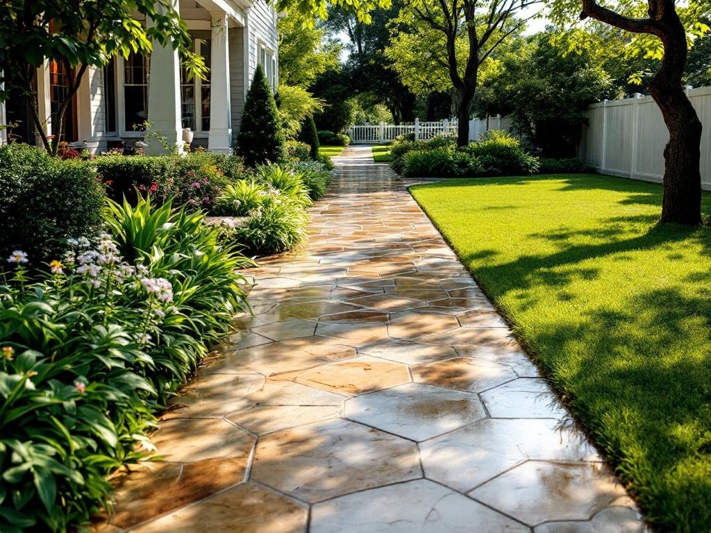 A beautiful stamped concrete pathway surrounded by lush greenery and flowers, leading to a well-maintained lawn.