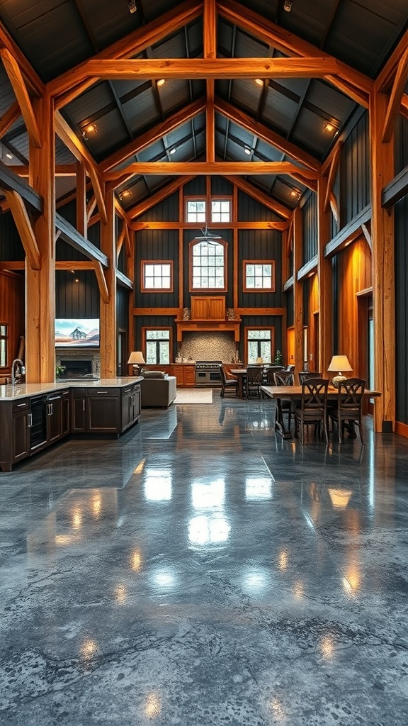 Interior of a modern barndominium featuring polished epoxy flooring and timber beams.