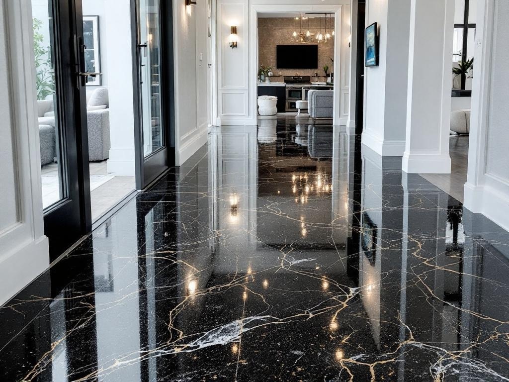 A sleek black nightfall epoxy floor with gold veining, showcasing a seamless transition between spaces in a modern interior.