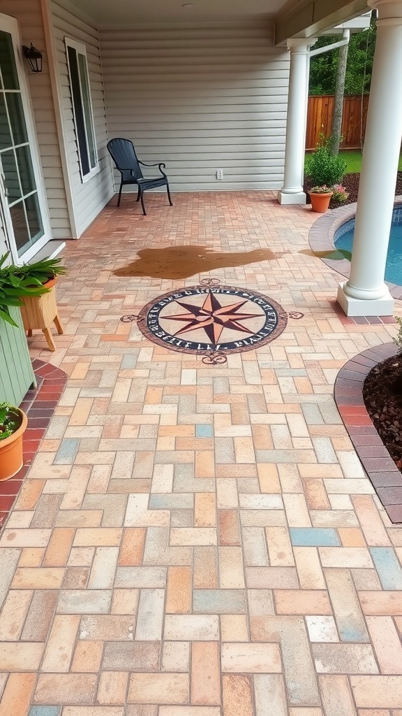 A beautifully designed stamped concrete patio featuring a compass pattern, surrounded by greenery and a pool.