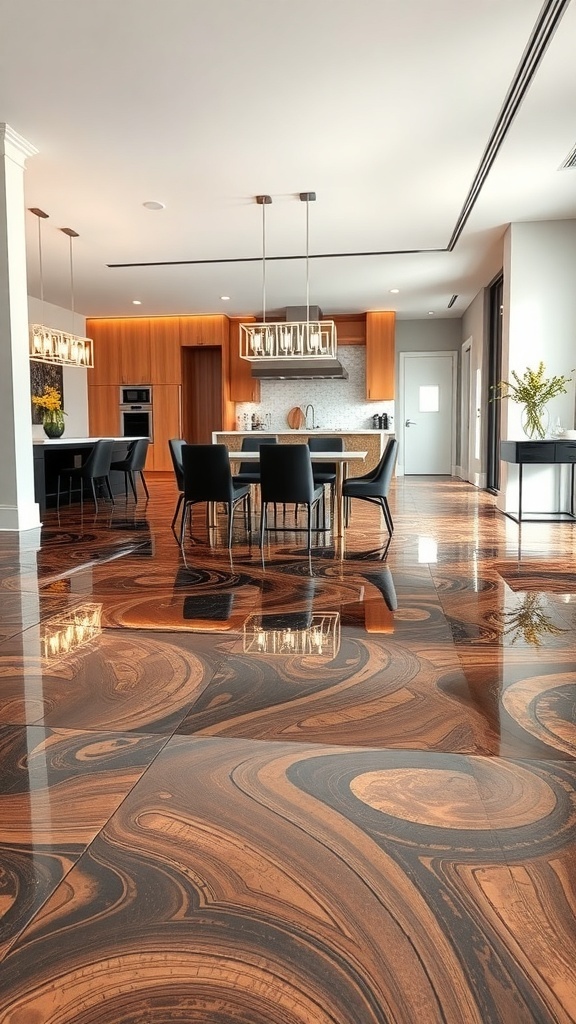 Luxurious copper metallic epoxy floor in a modern kitchen and dining area, showcasing seamless transitions between spaces.