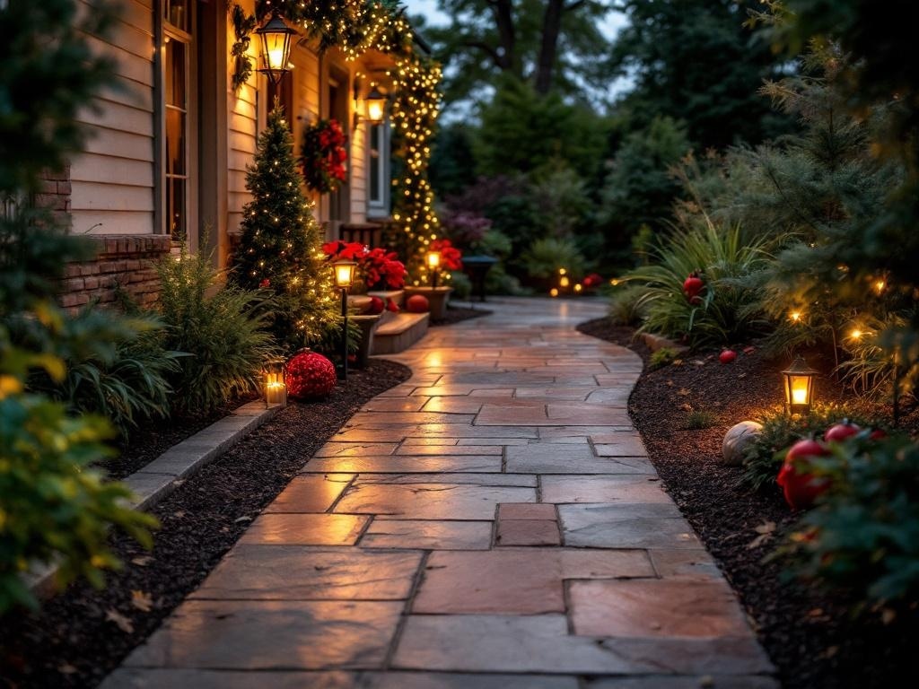 A beautifully decorated stamped concrete pathway with festive lights and seasonal decor.