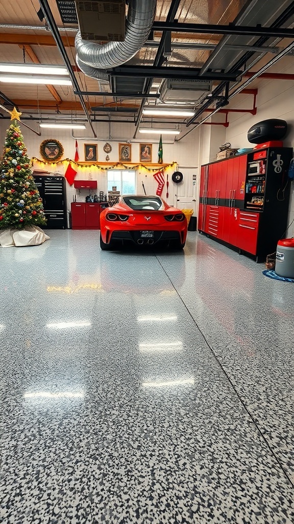 A garage with a glossy epoxy floor, featuring a Christmas tree and festive decorations.